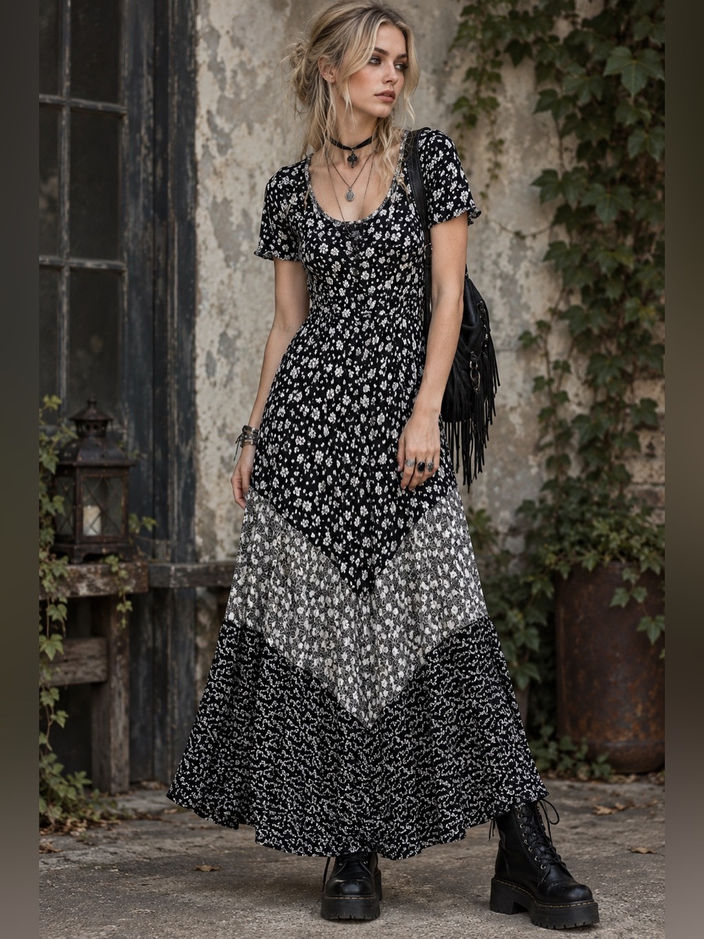 Vtg Whimsigoth rayon dress S grunge maxi black white ditsy floral prairie 90s